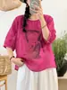 Verão Novo Estilo Ráfia Estampada Gola Redonda Manga Média Pulôver Camiseta Solta Tamanho Grande Top Casual Atacado
