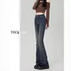 Calça Jeans Flare com Botão Duplo para Mulheres, Cintura Alta Elástica, Emagrecedora, Novo Estilo Primavera/Outono, Comprimento Total, Cinza Cimento, Calça Bootcut