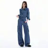 Jeans workwear azul transfronteiriço estilo americano lavado com bolsos patch tridimensionais para mulheres, novo modelo do início do outono de 2026, solto e texturizado, casual