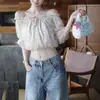 Blusa de Chiffon Xieburou com Babados Florais Fora do Ombro para Mulheres, Top Curto Casual com Design Vintage de Verão