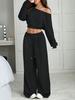 Traje Casual Transfronterizo Europeo y Americano 2025 Sudadera de Color Puro Cuello Barco Hombro Descubierto Holgado Tejido Traje Corto de Manga Larga
