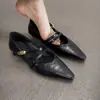 Sapatos Mary Jane super macios de pele de ovelha, estilo francês, bico fino, salto baixo para mulheres, adequados para combinar com saias, confortáveis para os pés, com design de salto plataforma baixo.
