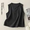 Foto Real de Chaleco de Color Sólido Artístico de Cuello Redondo de Algodón y Lino con Tirantes para Mujer, Tops Versátiles Casuales sin Mangas para Capas de Verano para Mujer