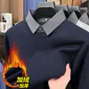 Suéter grosso com forro de fleece para outono e inverno, gola de camisa, camisa base de tricô quente para homens de meia-idade, contém lã de ovelha