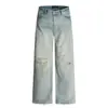 Jeans retos estilo retro americano azul gelo rasgado, unissex, corte solto, efeito emagrecedor, tecido fluido, perna larga, calça comprida casual