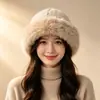 Novo chapéu bucket de tricô com pelo sintético de raposa para outono e inverno para mulheres, com adição de fleece para aquecimento e proteção auricular, chapéu de pescador felpudo que faz o rosto parecer menor, chapéu versátil