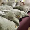 Juego de cuatro piezas de estilo vintage de lujo ligero de algodón lavado de lino ultrasuave con funda de edredón abotonada, sábana plana, sábana bajera y artículos de ropa de cama 4
