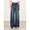 Jeans largo xadrez branco lavado retrô para mulheres, novo outono 2026 cintura alta design solto calças compridas