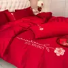 Conjunto de Cama de Algodão Puro para Casamento de Quatro Peças, Capa de Edredom de Algodão para Casamento, Conjunto de Lençóis de Três Peças, Edredom Vermelho Festivo para Casamento, Novo Modelo 2025