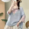 ***Camiseta Bordada Estampado Grande Industria Pesada Nacional Temperamento Sencillo y Elegante Holgada Artística Nuevo Estilo Cuello en V Talla Grande Top Pullover
