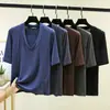 Camiseta Modal Nova Patchwork Gola V Manga Cinco Pontas Feminina Verão Tamanho Grande Elástica Camada Base Solta Casual