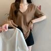 Camiseta Retro Estilo Americano Gola V Cor Sólida Manga Curta Feminina Estilo Xiagang Chique Solta Emagrecedora Manga Meia Manga Top