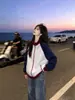 Sudadera con Capucha y Cremallera de Cuello Alto con Diseño de Personalidad de Calle de Alta Gama de Tendencia Americana Patchwork Bloques de Color Chaqueta Top de Otoño para Mujer