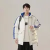 2025 Roupas Largas Outono e Inverno com Capuz Estilo Hong Kong Jaqueta Quente Pão Nova Jaqueta Masculina para Casal Cor Combinada Listrada
