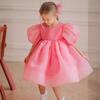 Vestido de Lino Transpirable de Princesa para Verano 2025 para Niñas con Mangas Abullonadas de Malla Vestido Abullonado Vestido de Fiesta Infantil