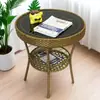Mesa Redonda Pequena de Lazer para Varanda, Mesinha de Café Redonda Pequena para Chá ao Ar Livre, Mesa Redonda de Vidro Temperado, Mesa de Rattan Simples e Casual para Sala de Estar