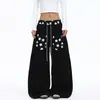 Pantalones casuales de retazos de bloques de color con estampado de estrellas retro americano para mujer, otoño, holgados, de pierna ancha, versátiles, rectos, tipo sudadera, modernos
