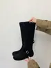 Botas largas de punta redonda, nuevo estilo de moda 2026, con hebilla de cinturón, efecto adelgazante, aumento interno de altura, caña alta apilada, botas versátiles para mujer, estilo coreano, negro