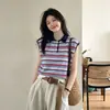 Camiseta polo de tricô listrada bicolor em seda gelada para mulheres, design chique de nicho de verão, top curto estiloso