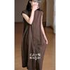 Vestido de Verão Estilo Japonês para o Dia a Dia com Toque Sofisticado, Efeito Emagrecedor, Algodão Puro, Gola Alta, Frente Meio Aberta, Sem Mangas, Comprimento Médio, Corte Reto