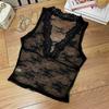 Estilo Francés Artefacto Sexy Encaje Bordado Base Chaleco Diseño de Encaje Pliegue Ajustado Sin Mangas Verano para Mujer Top Transparente