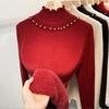 Tejido de Terciopelo de una Sola Pieza, Suéter de Cuello Alto Medio de Terciopelo, Top con Diseño de Perlas, Tejido de Punto Base para Otoño e Invierno