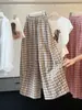 Pantalones anchos de algodón y lino a cuadros, estilo coreano, casual, para mujer, nuevo modelo de verano con diseño único, pantalones tipo globo curvos de corte holgado