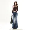 Jeans Rectos de Pierna Ancha Azules Estilo Retro Americano con Bolsillo de Solapa Pantalones Largos para Primavera