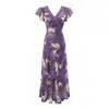 Elegante e Romântico Vestido Floral Estilo Francês com Mangas Curtas Leves, Acabamento em Renda, Decote em V, Ajuste na Cintura para Afinar, Vestido Longo para Férias