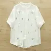 Camisa de Manga Corta con Cuello para Mujer, Estilo Veraniego, Bordado Floral Artístico, Suave, Amigable con la Piel, Transpirable, Top de Gasa de Algodón Doble Capa