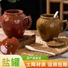 Tarro de Sal Cerámica Tarro de Condimentos Hogar Cocina Antiguo a Prueba de Humedad Tarro para Manteca con Tapa Resistente a Altas Temperaturas Cuchara Tarro de Aceite de Chile