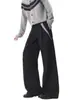Pantalones Casuales Largos de Pierna Ancha Sueltos con Pliegues, Estilo Old Money, Parche a Cuadros, Dobladillo Curvo Negro para Hombre, Marca de Moda