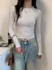 Camiseta de Manga Larga Gris Estilo Americano Hombro Normal para Mujer Otoño/Invierno 2026 Capa Base Interior Cepillada Ajuste Delgado Top Versátil