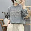 Estilo Algodão Retrô Artístico Dupla Camada Gaze de Algodão Gola Alta Primavera & Outono Camisa Base Bordada Artística Top Camisa de Manga Longa para Mulheres