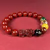 Pulsera de Cinabrio Crudo con Arena de Cristal Translúcido, Dios de la Riqueza de Cinco Vías y Pixiu Solitario, Pulsera Unisex, Regalo de Joyería por Año de Nacimiento