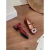 Zapatos Franceses Retro de Cuero Rojo con Tacón Alto, Elegantes Zapatos Mary Jane, Zapatos Planos de Tacón Grueso para Mujer, Zapatos de Boda con Pedrería, Zapatos de Novia
