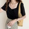 A 010 # [Moagem Dupla 180g] Gola Quadrada Francesa Exposição da Clavícula Nova Camiseta de Manga Curta Top Feminino com Design Discreto