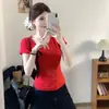 8529 # Camiseta de manga corta de verano nueva de estilo dulce con estampado de lunares, retazos de lazo para mujer con almohadilla para el pecho fija