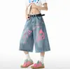 Pantalones Vaqueros Cropped con Graffiti para Mujer Verano 2025 Pantalones Americanos de Pierna Ancha Adelgazantes Sueltos Rectos Street Casual Shorts