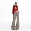Calça de trabalho funcional retrô cinza estilo americano para mulheres, design novo, calça solta de perna reta até o chão