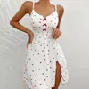 Temu Comércio Exterior Estampa de Coração Seda de Leite Fenda Vestido Slip Sexy Roupa de Dormir Roupa de Casa Roupa de Dormir