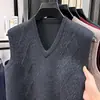 Suéter de Tricô Casual Masculino Outono e Inverno Gola V Simples Moda Cor Sólida Pulôver Colete Sem Manga