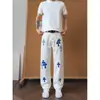Jeans masculino estilo high street americano com estampa cruzada, novo modelo de verão, marca trendy de luxo leve, calças retas soltas que afinam