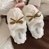 Chinelos femininos de algodão, quentes, com sola grossa, versáteis, antiderrapantes, com laço, para uso em casa, uso casual de inverno, adequados para estudantes