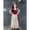 Conjunto Estilo Coreano para Crianças Médias e Grandes Moda Verão Falso Duas Peças Colete sem Mangas Doce Poá Casual Calça de Pernas Largas Conjunto de Duas Peças