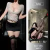 Lencería sexy naranja, vestido sexy de secretaria OL para el trabajo, falda ajustada con encaje calado, conjunto de pijama seductor para discoteca