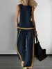 Conjunto de Moda Transfronterizo Europeo y Americano para Mujer con Bloques de Color, Top sin Mangas tipo Chaleco, Pantalones de Pierna Ancha, Conjunto Casual de Dos Piezas para Mujer
