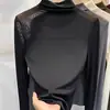 Nuevo Estilo 2025 Malla Sexy Transparente Negra Cuello Alto Camisa Base de Alta Calidad con Top Sexy Ajustado para Mujer