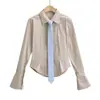 Camisa de Rayas Estilo Universitario para Mujer Primavera y Otoño Nueva Ropa para Mujer Nicho Azul Manga Larga Estilo Perezoso Top Camisa Elegante