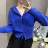 Cardigan de Tricô Cinza com Zíper e Capuz Estilo Pure Desire para Mulheres, Suéter Curto de Outono, Jaqueta Suéter de Nicho